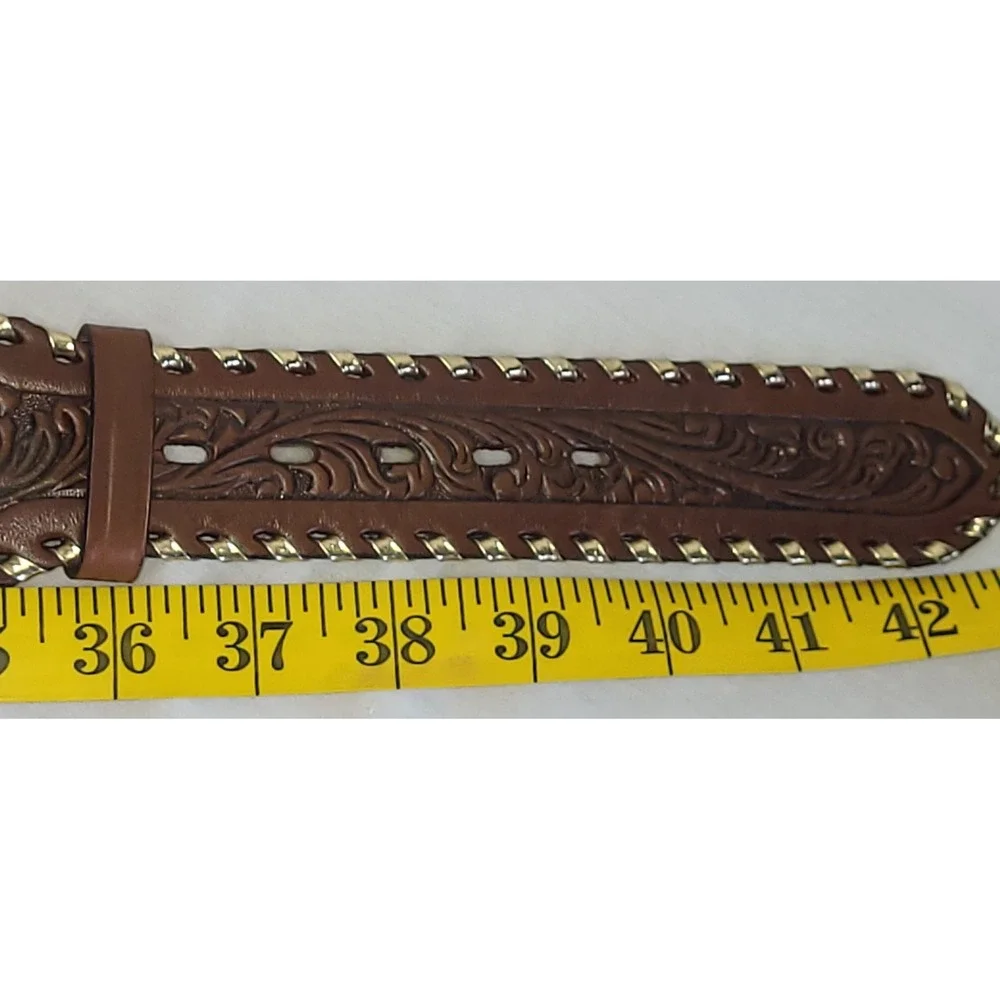 Tooled Leather Belt Women Brown Good LOREN Personalized Western Floral Vintage